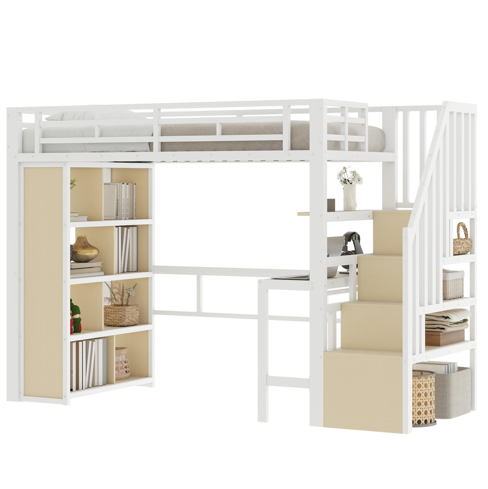 HOCHBETT 90/200 cm Weiß aus Metall und MDF mit Schreibtisch und LED-Lichtleiste - Weiß, Metall (90/200cm) - OKMYHOME