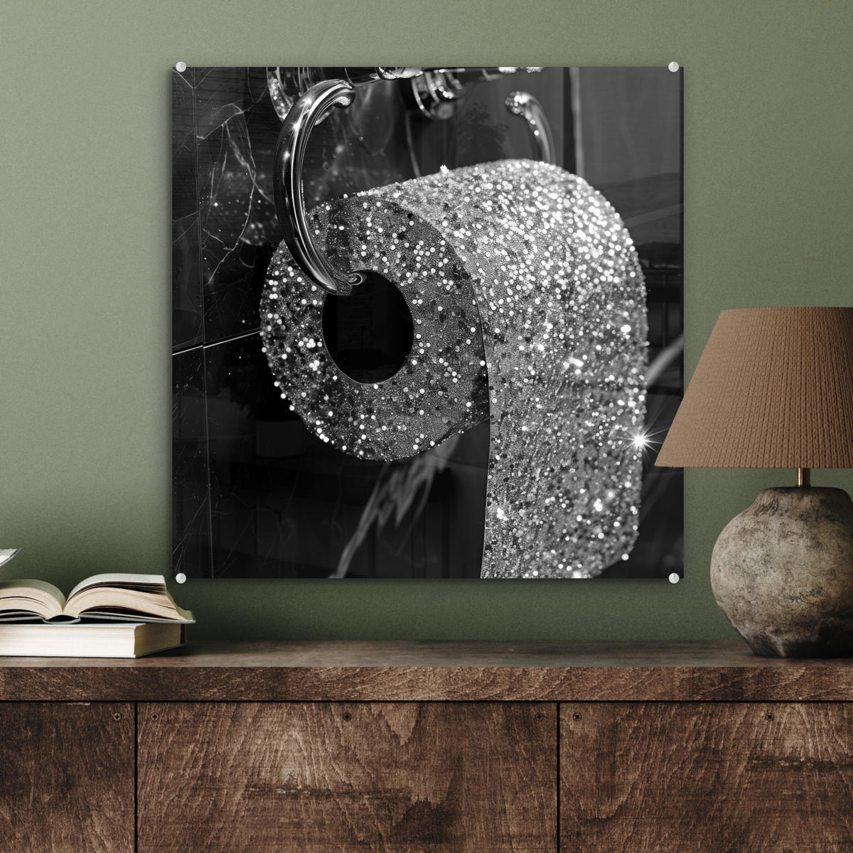ACRYLGLASBILD WC - Toilettenpapier - Schwarz und weiß - Glitter 50x50 cm - Silberfarben, Glas (50/50cm) - MuchoWow
