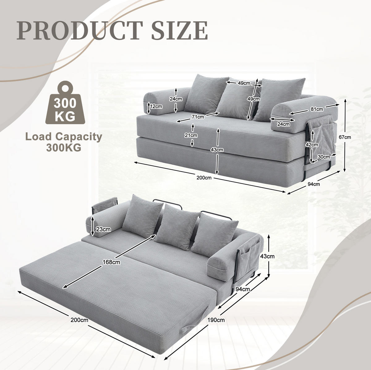 SOFA 200/190 cm in Hellgrau mit Seitentasche und 3 Kissen - Hellgrau, Textil (94/67/200cm) - Flora Grace