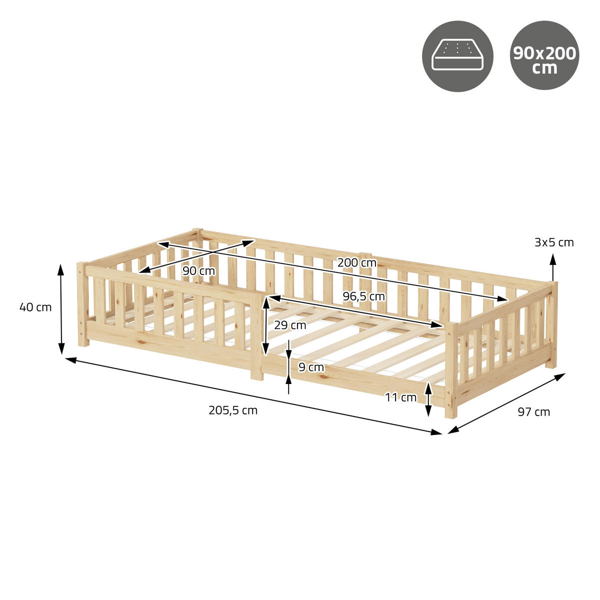 KINDERBETT 90x200 cm Natur mit Matratze H:16 cm - Naturfarben, Kunststoff (90/200cm) - ML-DESIGN