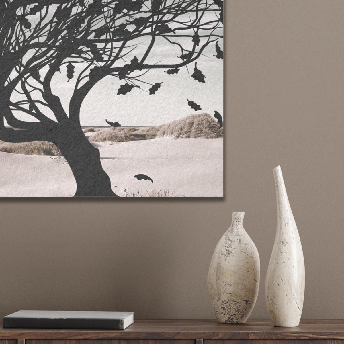 AKUSTIKBILD Strand - Meer - Menschen - Baum - Moderne Kunst Wanddeko 70x50 cm - Hellgrau, Kunststoff (70/50/0.9cm) - MuchoWow