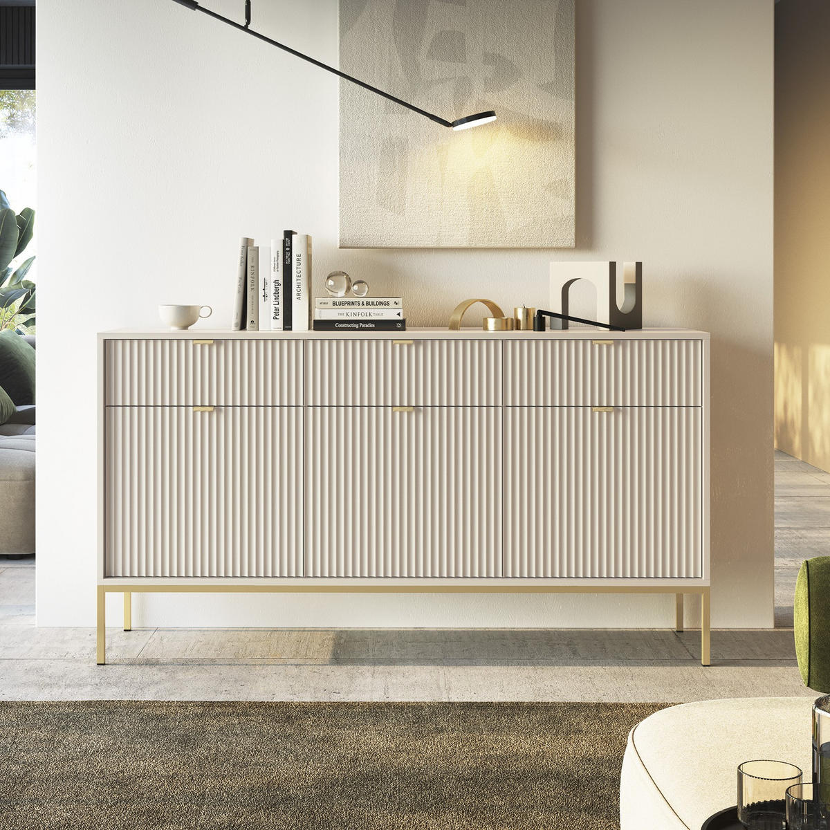 MODERNE Geriffelte Kommode KIOTO K3D3SZ (Kaschmir, Gold Gestell, Soft-Close Türen) - Kaschmir/Goldfarben, Holz/Holzwerkstoff (154/91/39cm) - Ravio