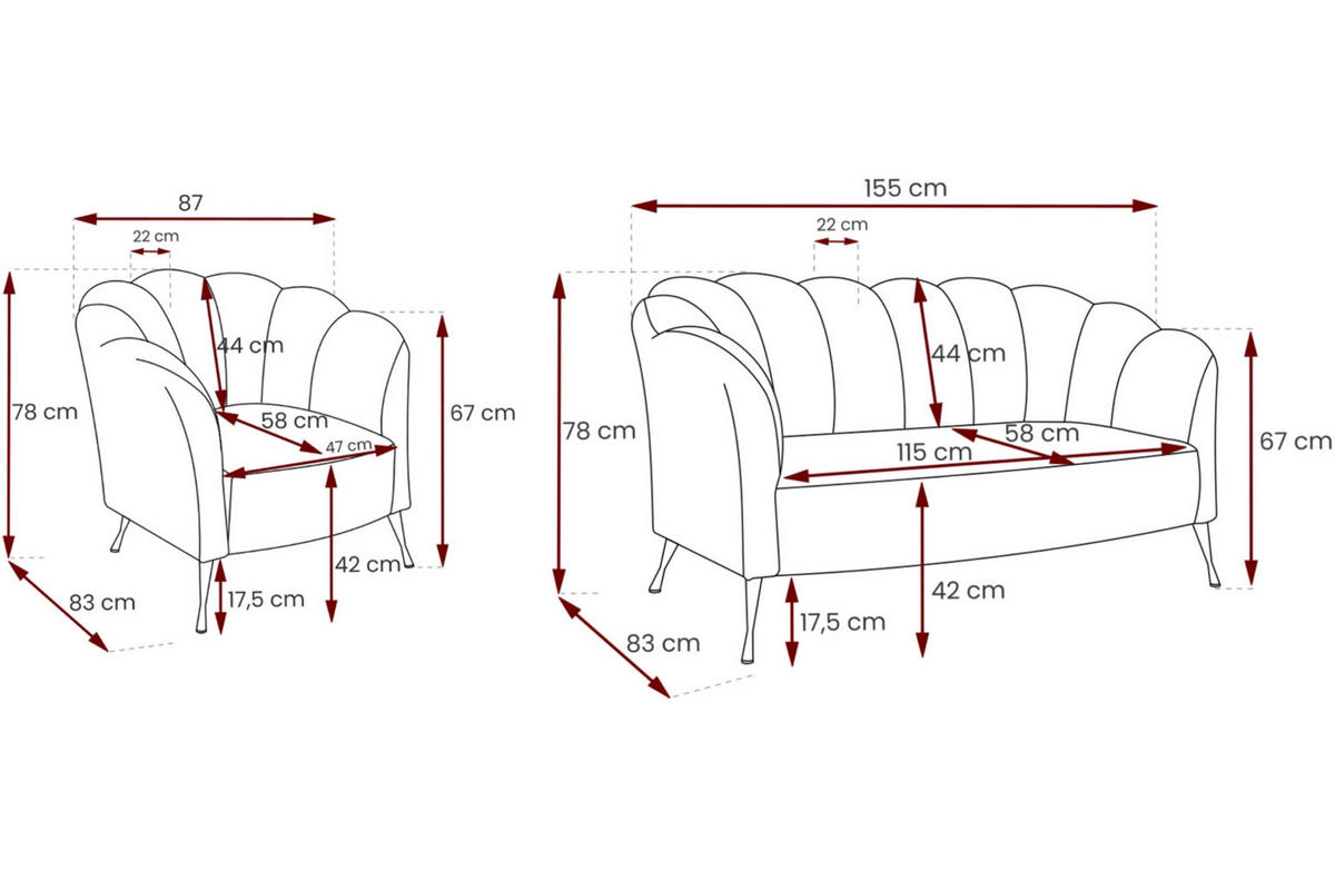 SITZGARNITUR Adria 2+1 - Dunkelrosa/Goldfarben, Holzwerkstoff/Textil (242/78/83cm) - Ravio