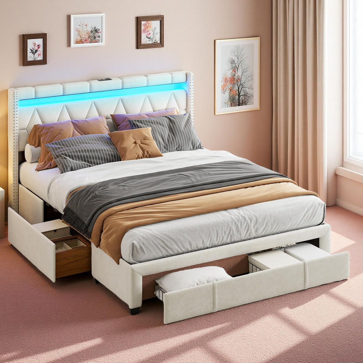 POLSTERBETT 160/200 cm Beige mit Schubladen und USB-Anschlüssen - Beige, Holz (160/200cm) - SHOPENTRA
