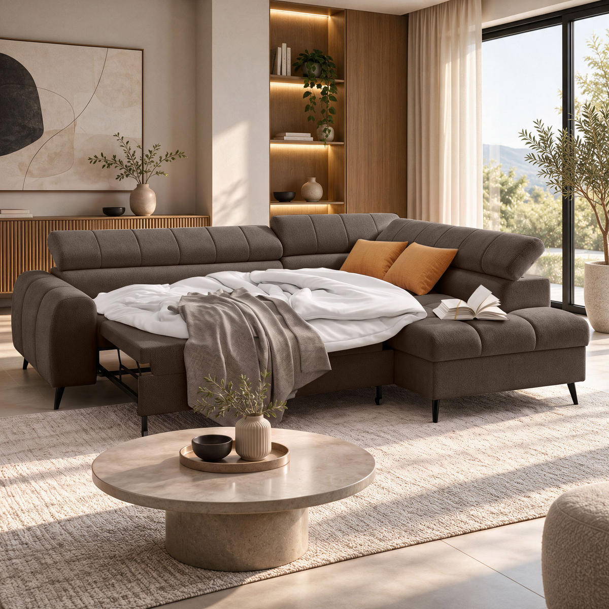 ECKSCHLAFSOFA Vinni Braun, Chenille-Stoff, rechts - Braun, Textil (265/205cm) - Beautysofa