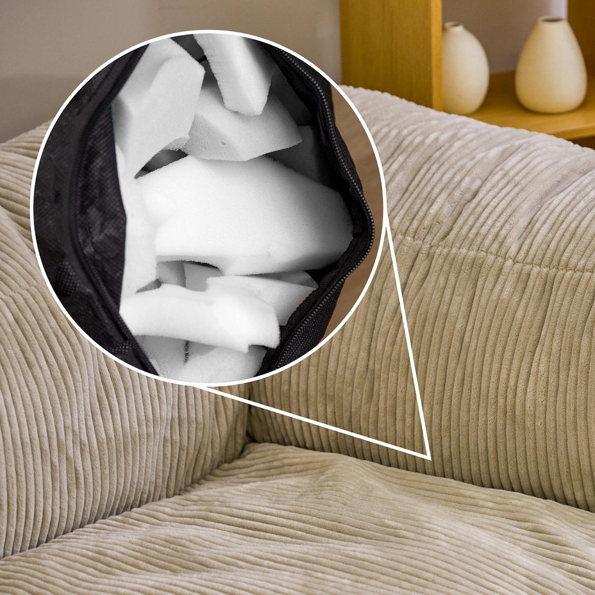 SITZSACK-SOFA 3-tlg. ZEN: Ecksessel, Sessel, Fußstütze - Beige, Textil (550/68/100cm) - icon