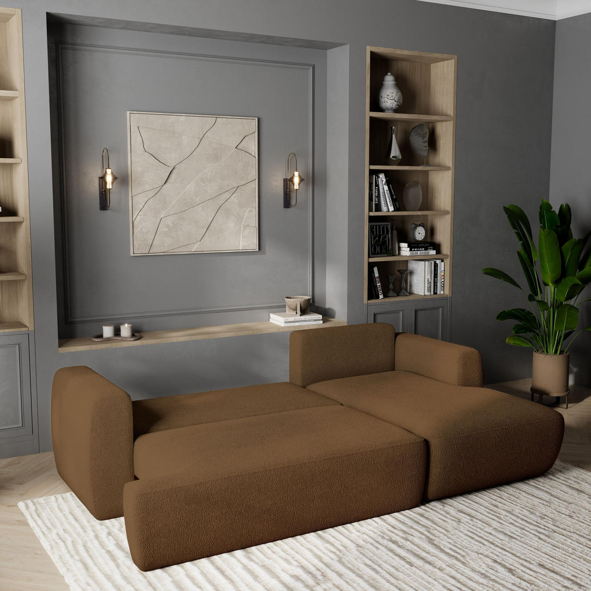 ECKSOFA SENTI N R-S Braun Boucle-Stoff mit Schlaffunktion - Braun, Holz (246/148cm) - MASSENO