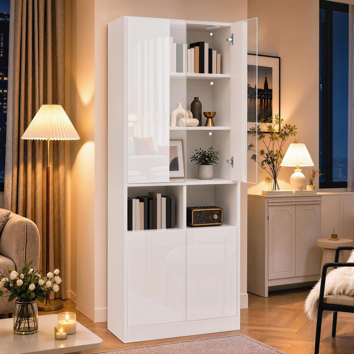 HOCHSCHRANK mit Acrylglas, LED und 2 Türen - Weiß, Holzwerkstoff (70/180/35cm) - FLIEKS