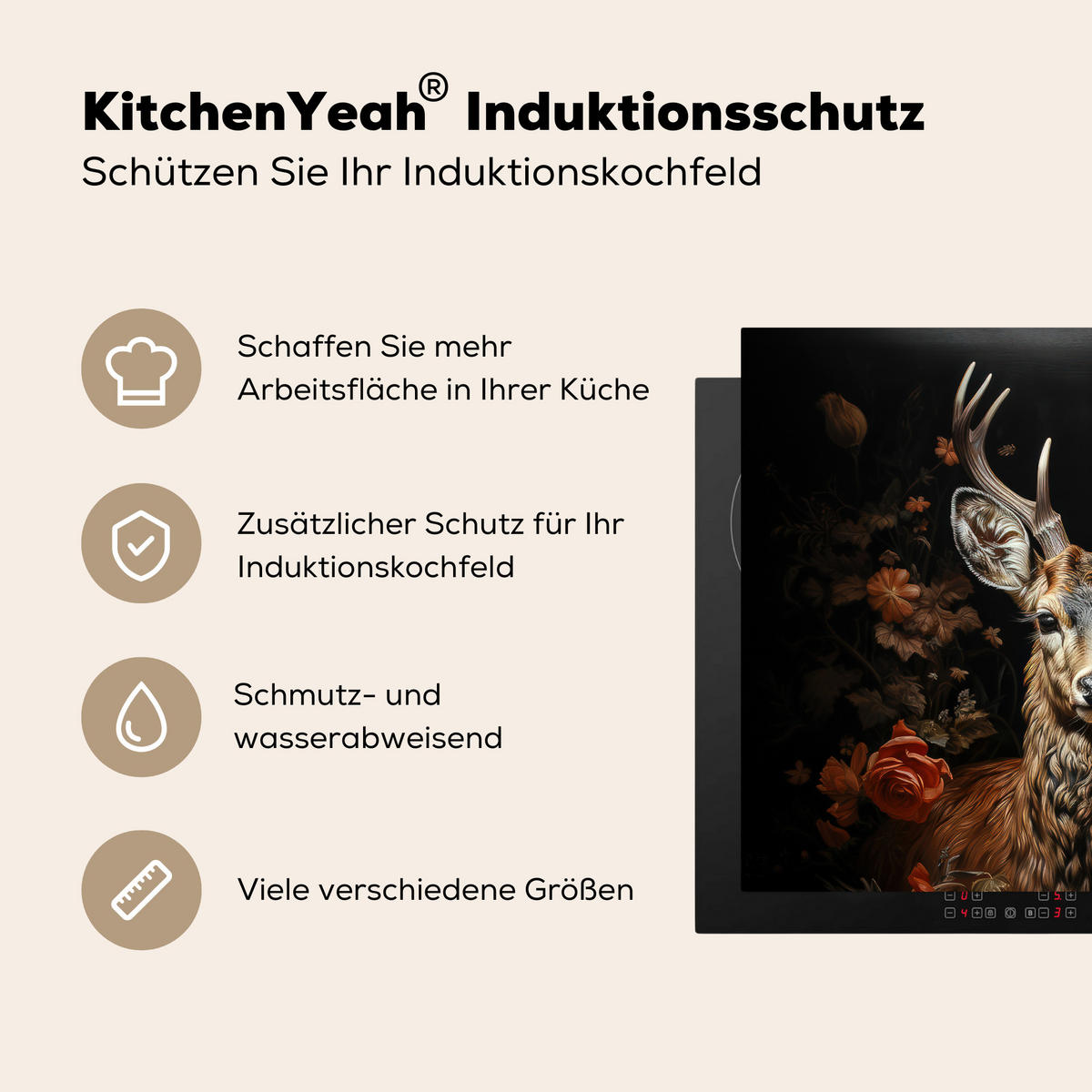 HERDABDECKPLATTE Hirsch - Tier - Blumen - Natur - Botanisch 65x52 cm - Kupferfarben, Kunststoff (65/0.2/52cm) - MuchoWow