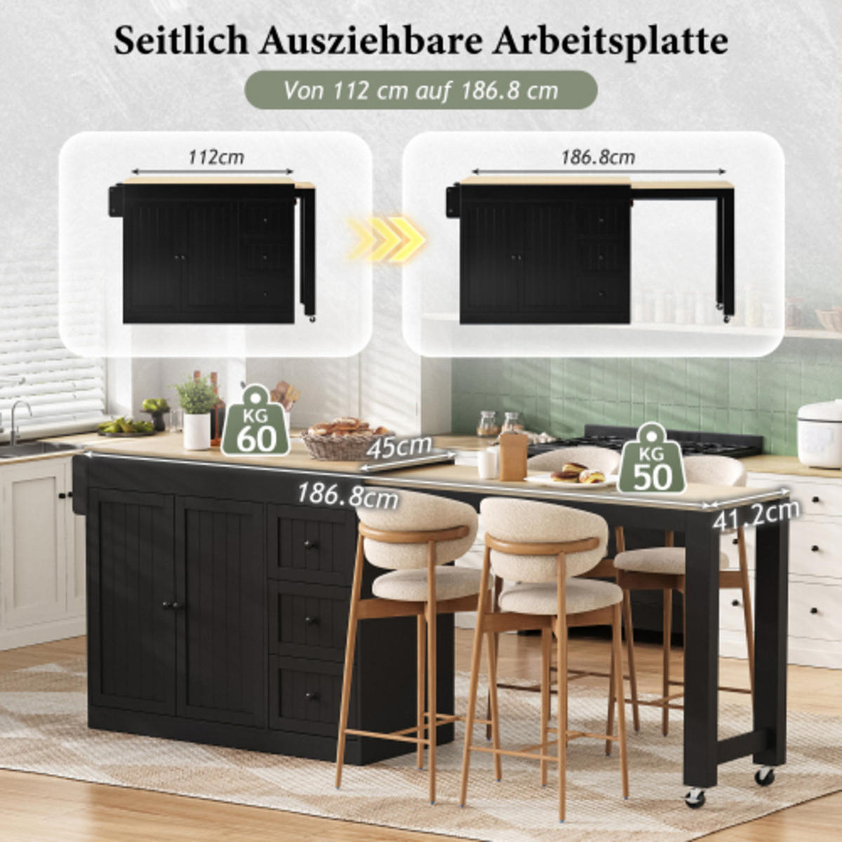 KÜCHENINSEL mit seitlich ausziehbarer Arbeitsplatte schwarz 112-186,8×45×93 cm aus MDF - Schwarz, Holzwerkstoff (186.8/93/45cm) - Luhomfu