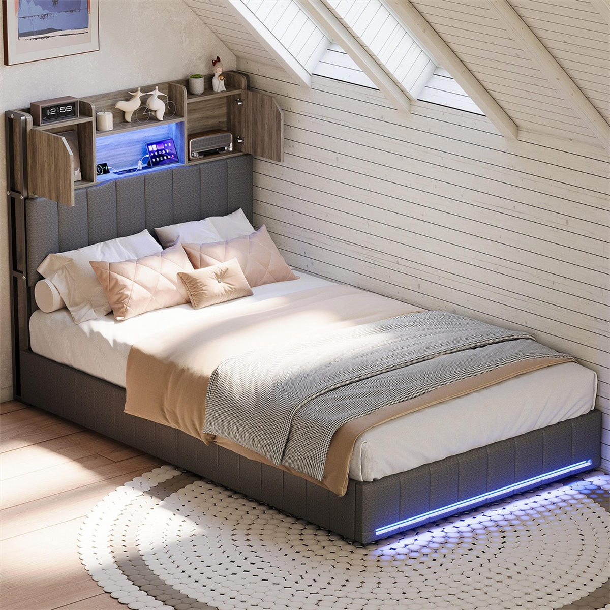 POLSTERBETT 90x200cm - Doppelbett 90x200cm mit Schubladen - RGB-LED-Beleuchtung - ohne Matratze - Grau - Grau, Textil (90/200cm) - DELFA