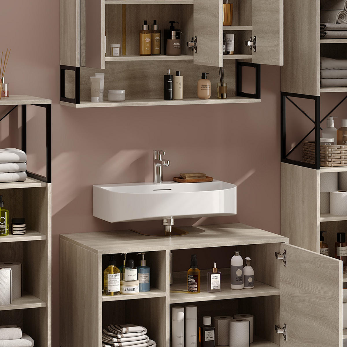 BADMÖBEL-SET Vionna Eiche/Schwarz 4 Teile - Eichefarben/Schwarz, Holzwerkstoff (80/60/45.5cm) - Vicco