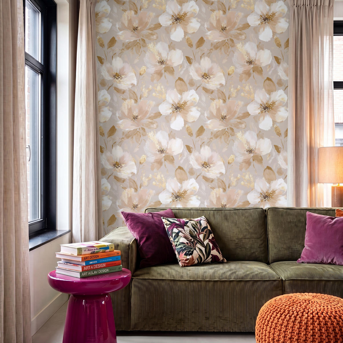 TAPETE - Blumen - künstlerisch - Gold - 140x200 cm - Beige, Papier (140/200cm) - OnlyWow