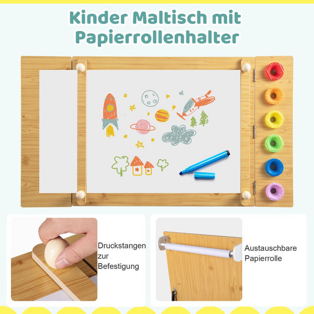 KINDERTISCH mit Stuhl natur(3-tlg) - Naturfarben, Holzwerkstoff (109/55/60cm) - COSTWAY