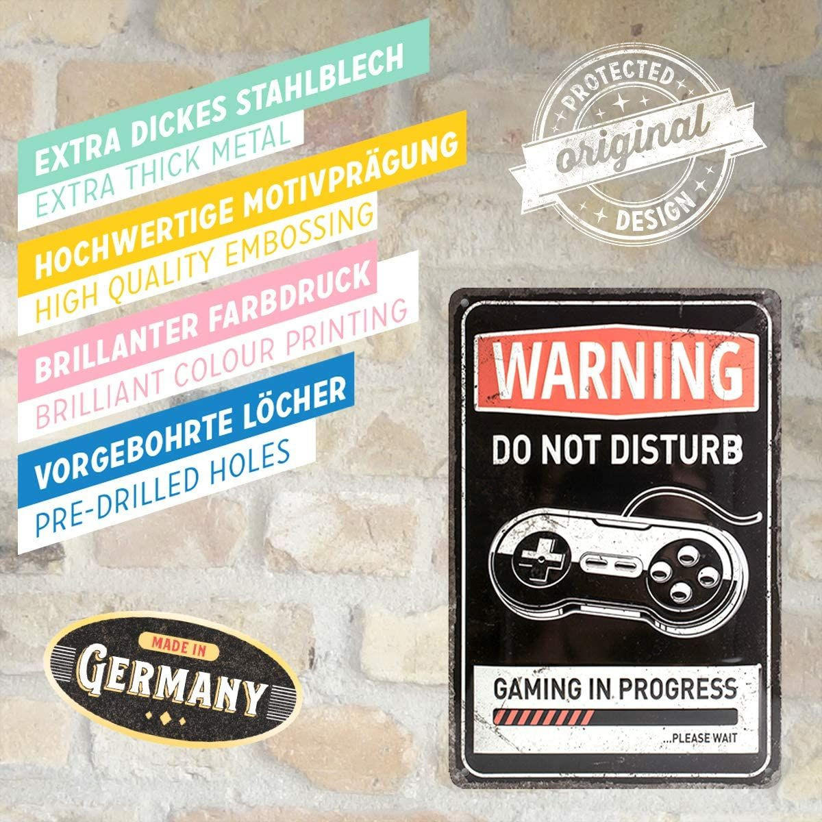 BLECHSCHILD 20/30 cm Achtung Gaming in progress - Multicolor, Metall (20/30/0.2cm) - Nostalgic-Art
