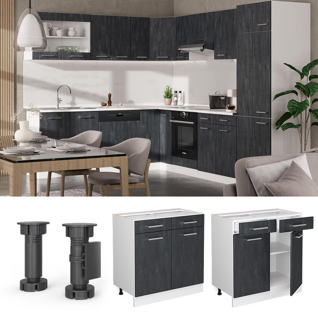 Thumbnail - Vicco Küchenunterschrank, Schwarz, Holzwerkstoff, 3 Fächer, 2 Schubladen, Rechteckig, 80x81.6x60 cm, Küchen, Küchenmöbel...