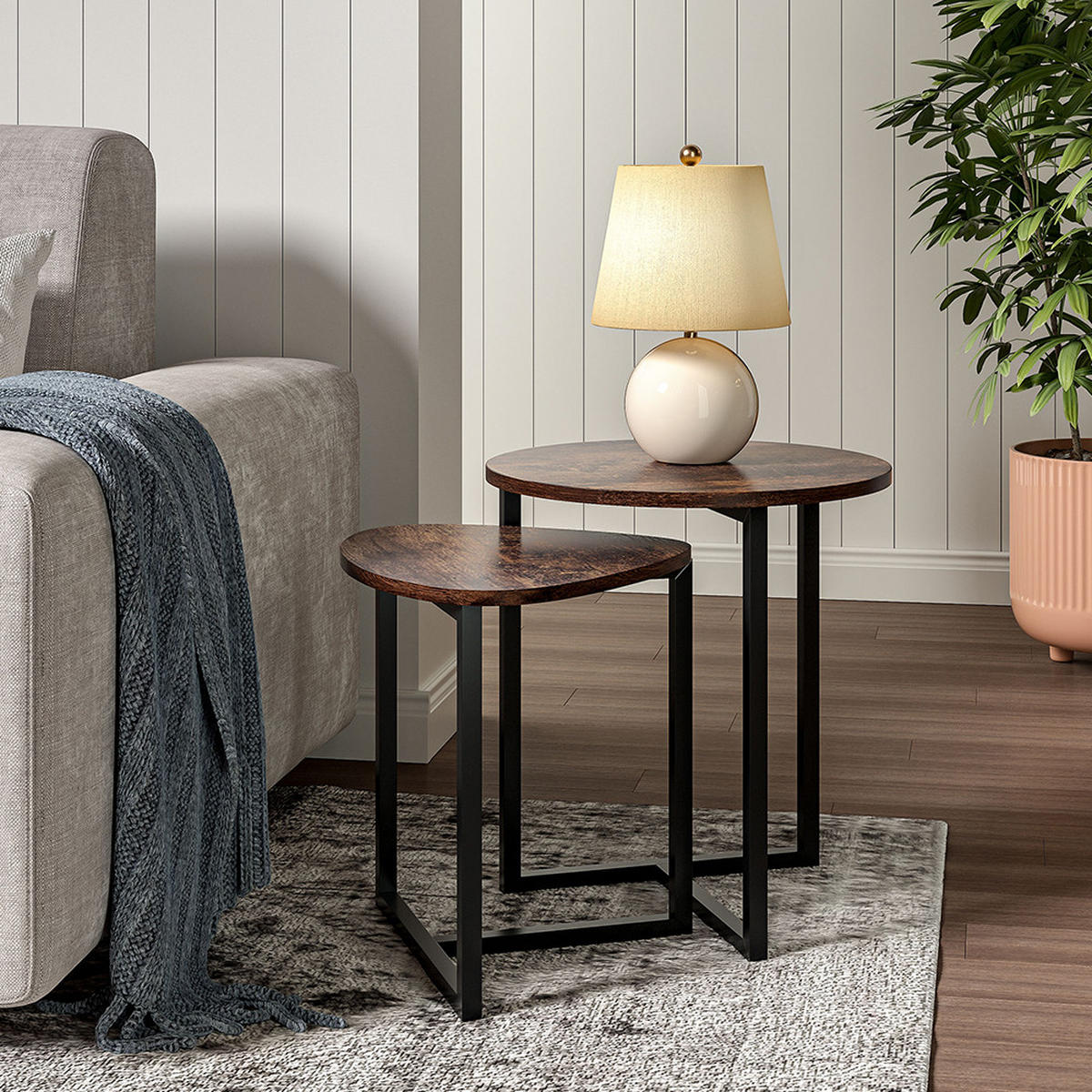 BEISTELLTISCH 2er-set aus MDF Metall in Braun Rund & Dreieckig Stabiles Metallgestell 42 × 37 × 40 cm 5,8 kg - Schwarz/Braun, Holzwerkstoff/Metall (37/42/40cm) - Livingandhome