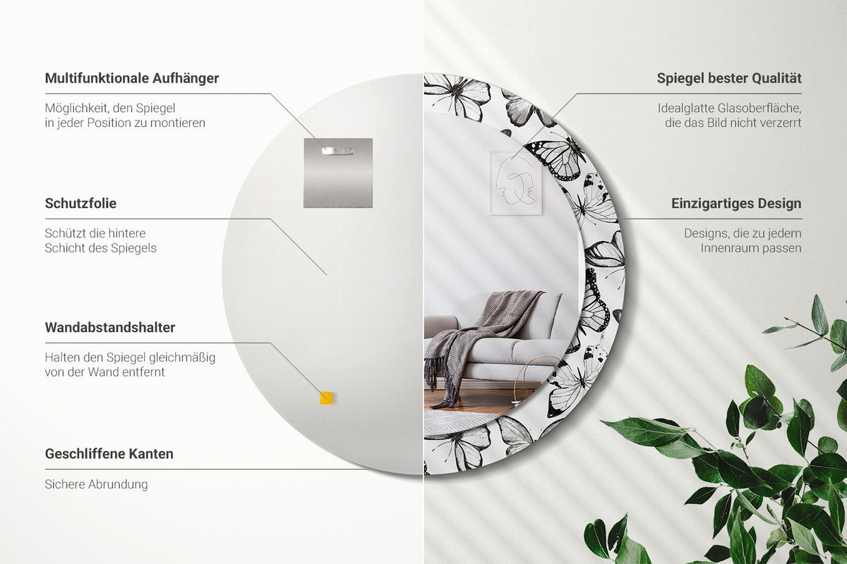 SPIEGEL Rund Ø 70 cm mit Aufdruck - Schwarz, Glas (70/70/0.4cm) - Wallfluent