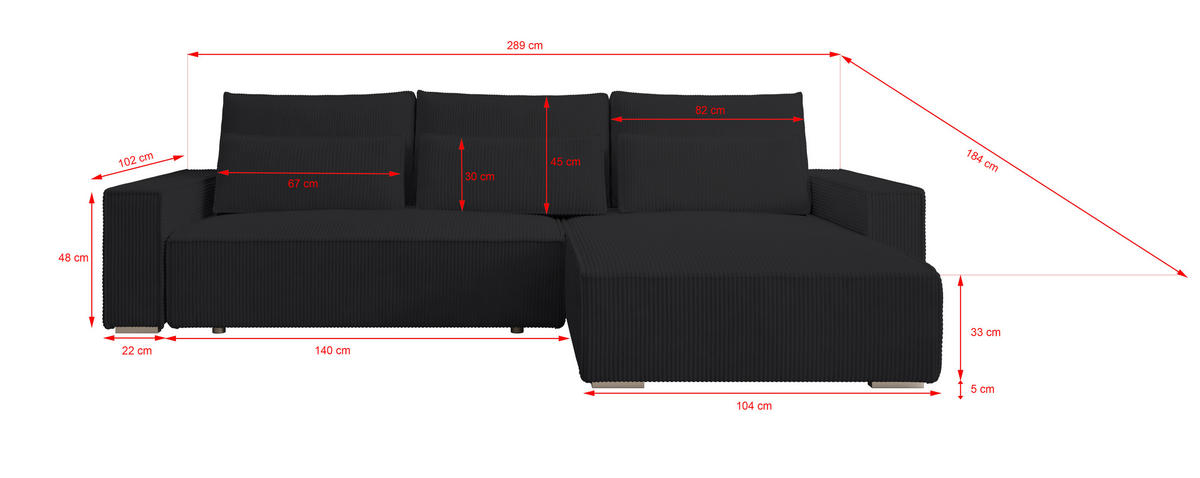 ECKSOFA Alice mit Bettkasten und Schlaffunktion, Cordstoff in L-Form - Schwarz, Textil (289/184cm)