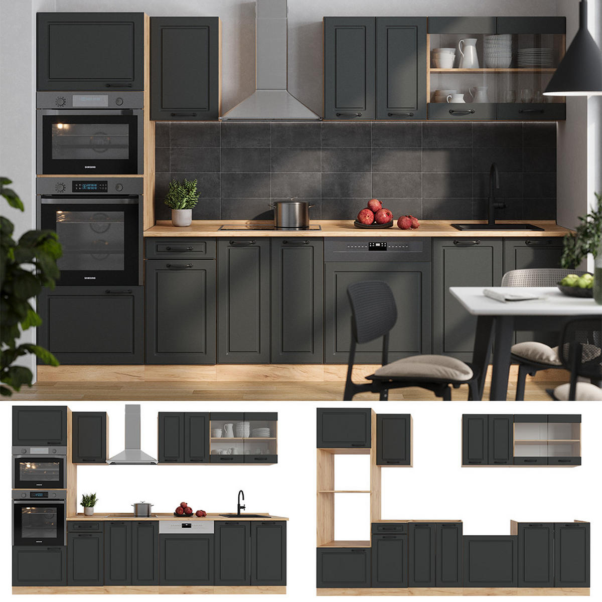 KÜCHENZEILE R-Line Anthrazit Landhaus/Goldkraft Eiche 300 cm mit Hochschrank, ohne Arbeitsplatte - Honigeiche/Anthrazit, Holzwerkstoff (300/81.6/46cm) - Vicco