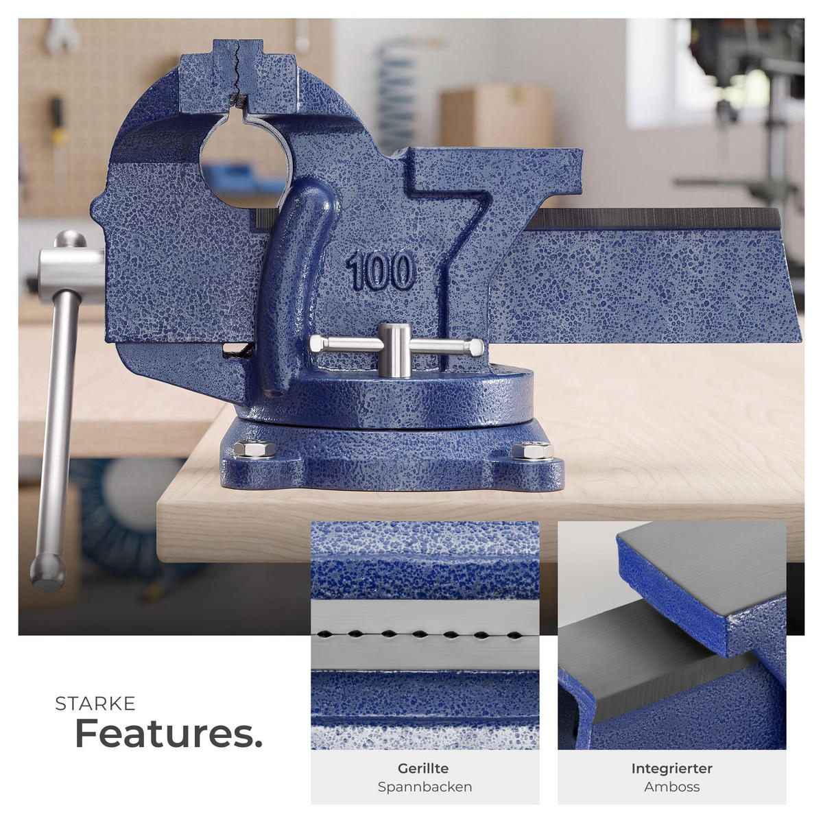 SCHRAUBSTOCK , 3 Anschraublöcher, blau - Blau, Metall (27/10/15cm) - tectake