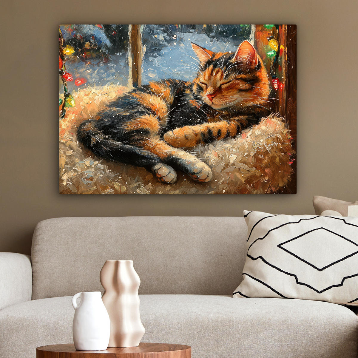 LEINWANDBILD Katze - Weihnachten - Winter - Tier Wandbilder 80x60 cm - Bernsteinfarben, Textil (80/60cm) - MuchoWow