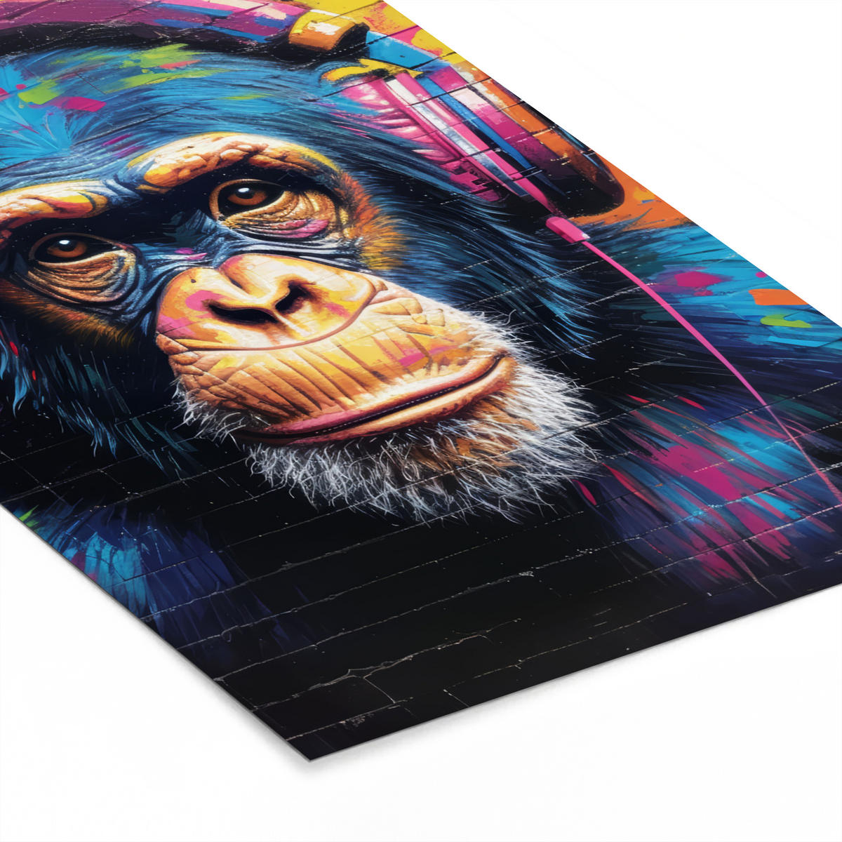 GERAHMTES BILD Graffiti - Schimpanse - Straßenkunst - Kopfhörer - Affe 80x120 cm - Blau, Papier (80/120cm) - MuchoWow