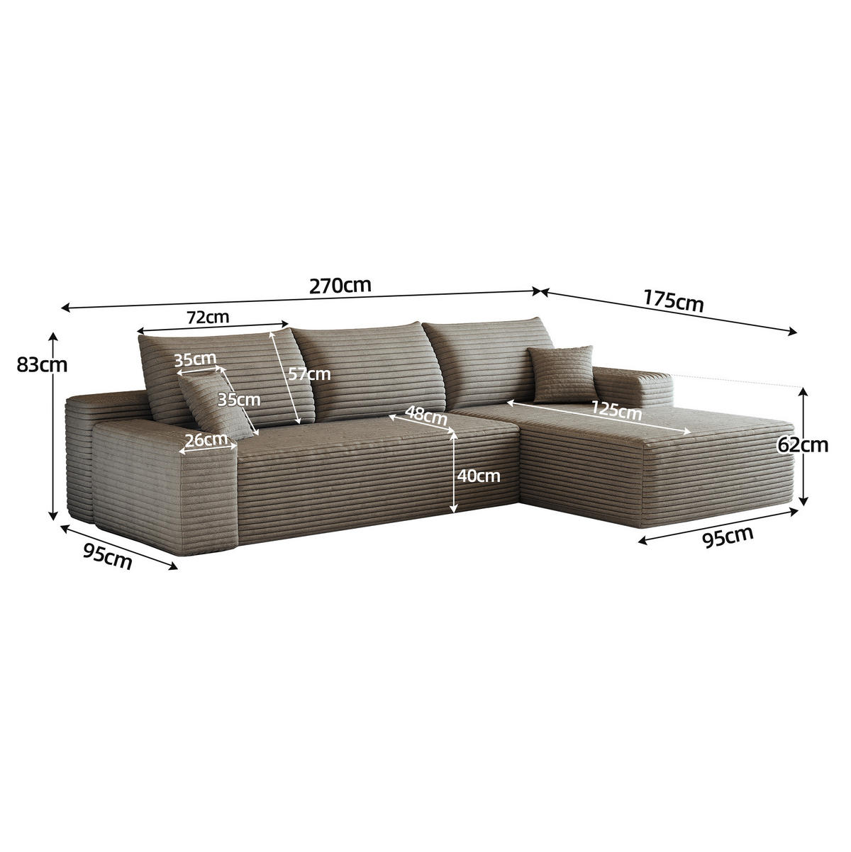 ECKSOFA 270/175/83 cm in Camel aus Cordstoff, modular und ohne Montage - Haselnussfarben, Textil (175/270cm) - Flora Grace