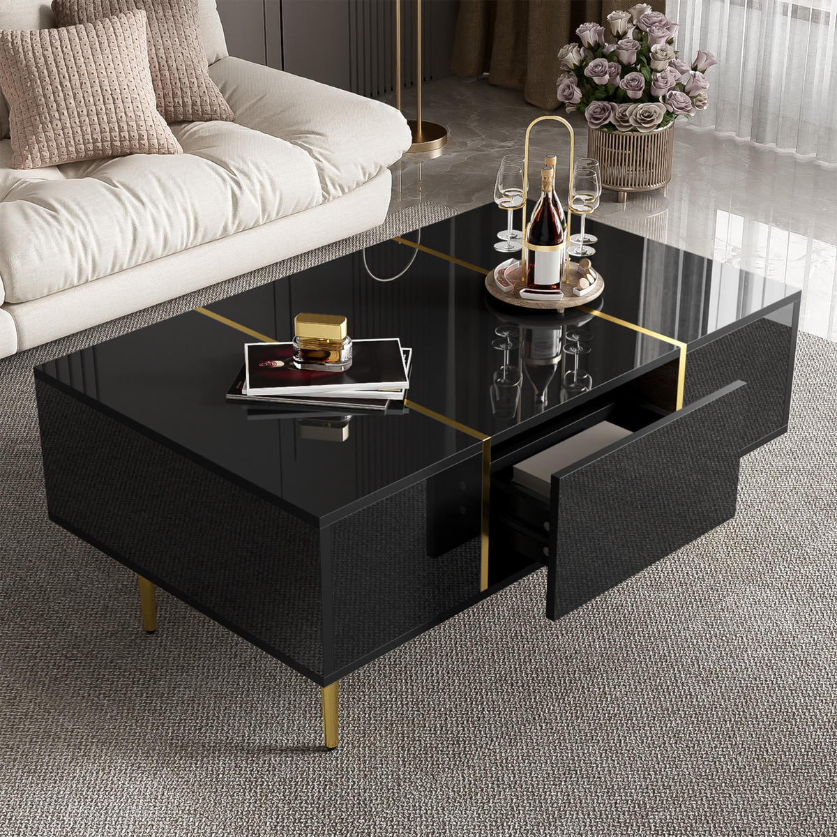 COUCHTISCH Schwarz Hochglanz - 100x60cm - 2 Schubladen - Schwarz, Holz (112.4/69.6/14.99cm) - Raelunyi