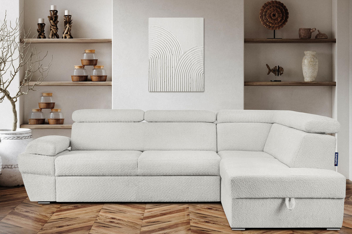SCHLAFECKSOFA RATLO rechts 4/5-Sitzer mit Bettkasten, Cremeweiß - Silberfarben/Creme, Textil (270/190cm) - KONSIMO®
