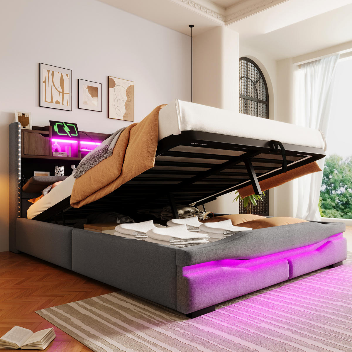 POLSTERBETT 140x200cm Grau USB-C LED-Licht Kopfteil Hydraulik - Grau, Holz (140/200cm) - FLIEKS