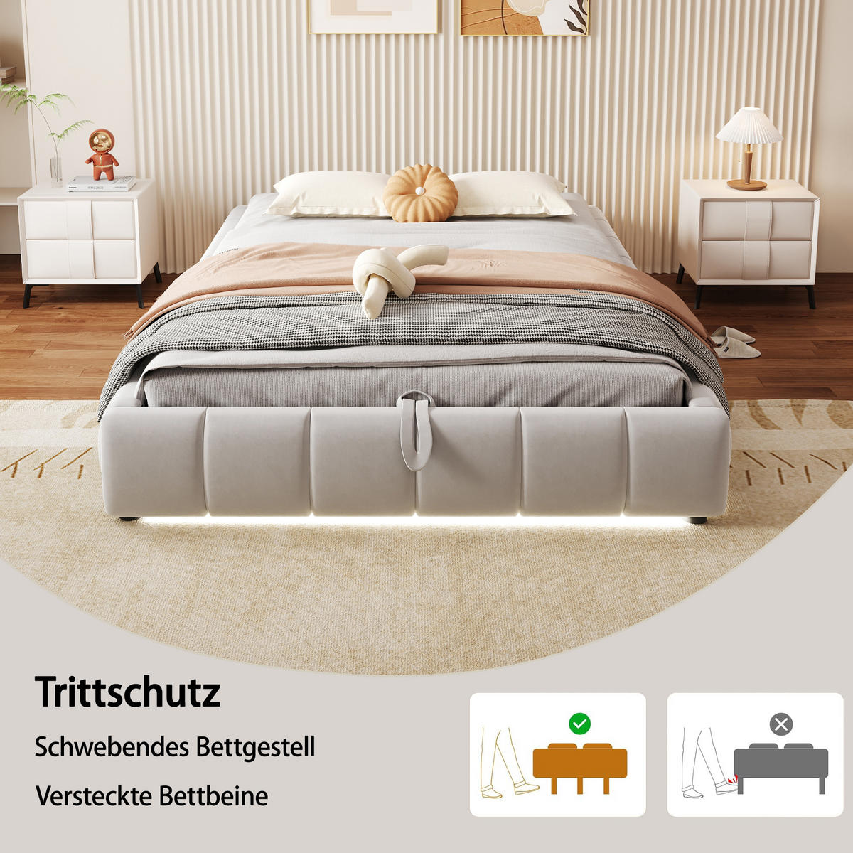 POLSTERBETT 140/200 cm in Beige Samt mit Bettkasten und LED - Beige, Holzwerkstoff/Textil (140/200cm) - WISHDOR
