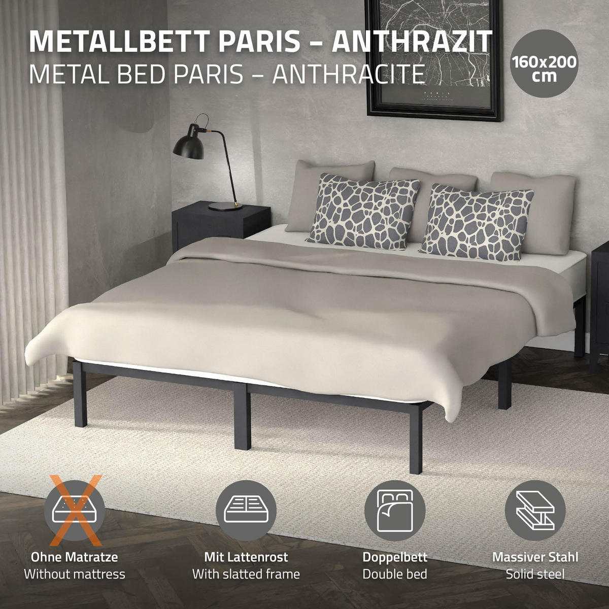 METALLBETT 200/160 cm - Anthrazit, Metall (160/200cm) - ML-DESIGN