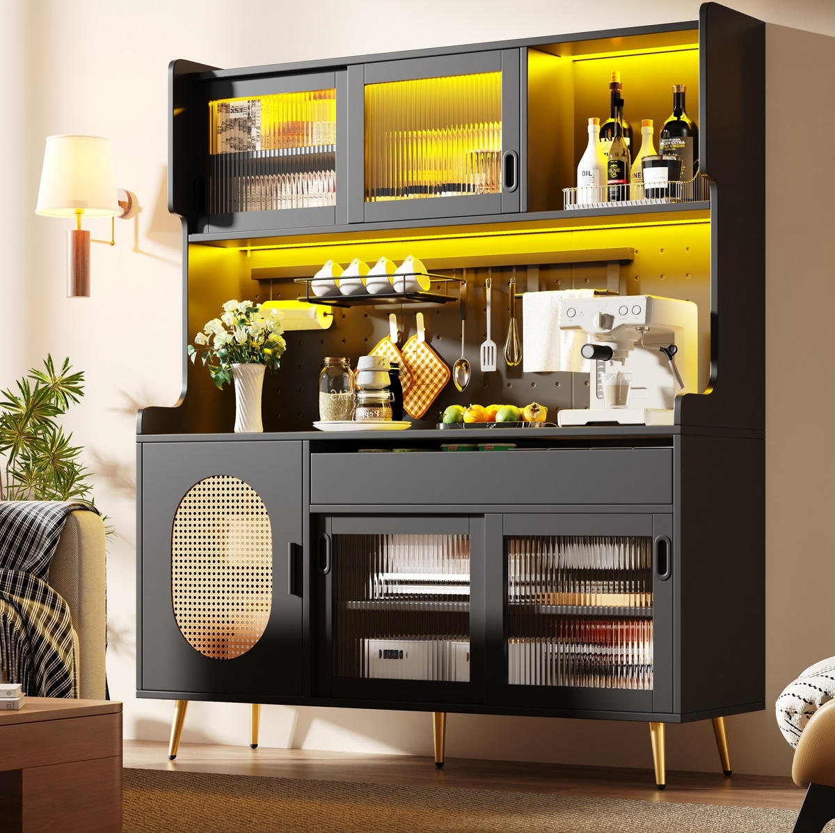 BUFFET 145/39/171 cm aus MDF mit LED-Lichtleiste Schwarz - Schwarz, Holzwerkstoff (145/171/39cm) - Modenvie