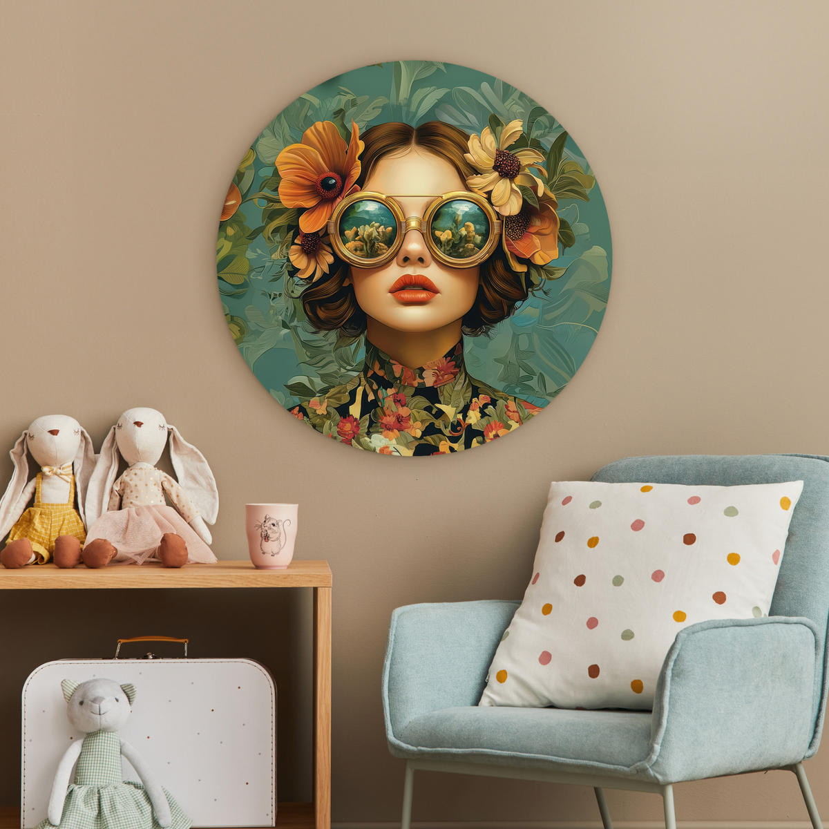 WANDBILD Frau - Blumen - Schmetterlinge - Natur - Vintage 60x60 cm - Petrol, Kunststoff (60/60cm) - MuchoWow