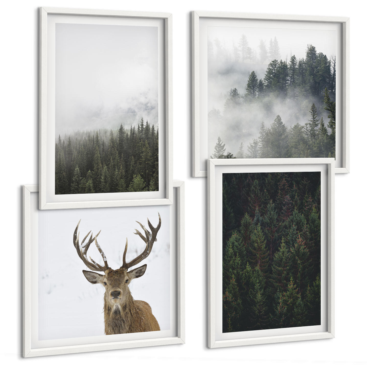 BILDER SET 4er Set - 50x50 cm & 40x60 cm Weißer Rahmen - Grüne Wälder, neblige Landschaft - Weiß, Kunststoff (50/50cm) - TULUP