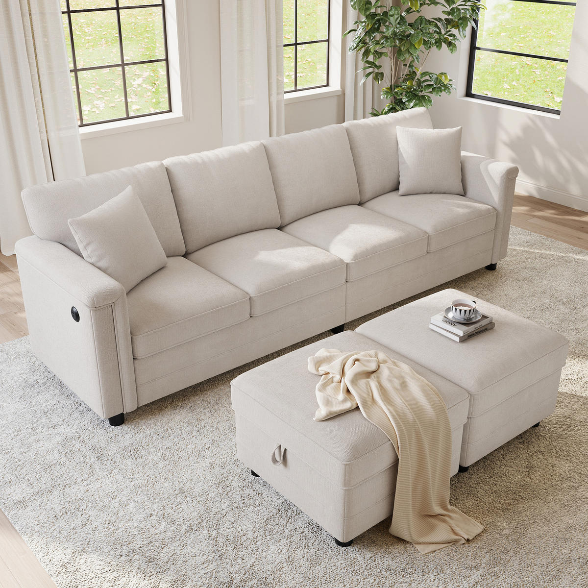WOHNLANDSCHAFT Modular umwandelbar L-/U-Form mit 2 Stauraumhockern, DE-42506, Beige - Beige, Metall (261/82/134cm) - ComfortXL