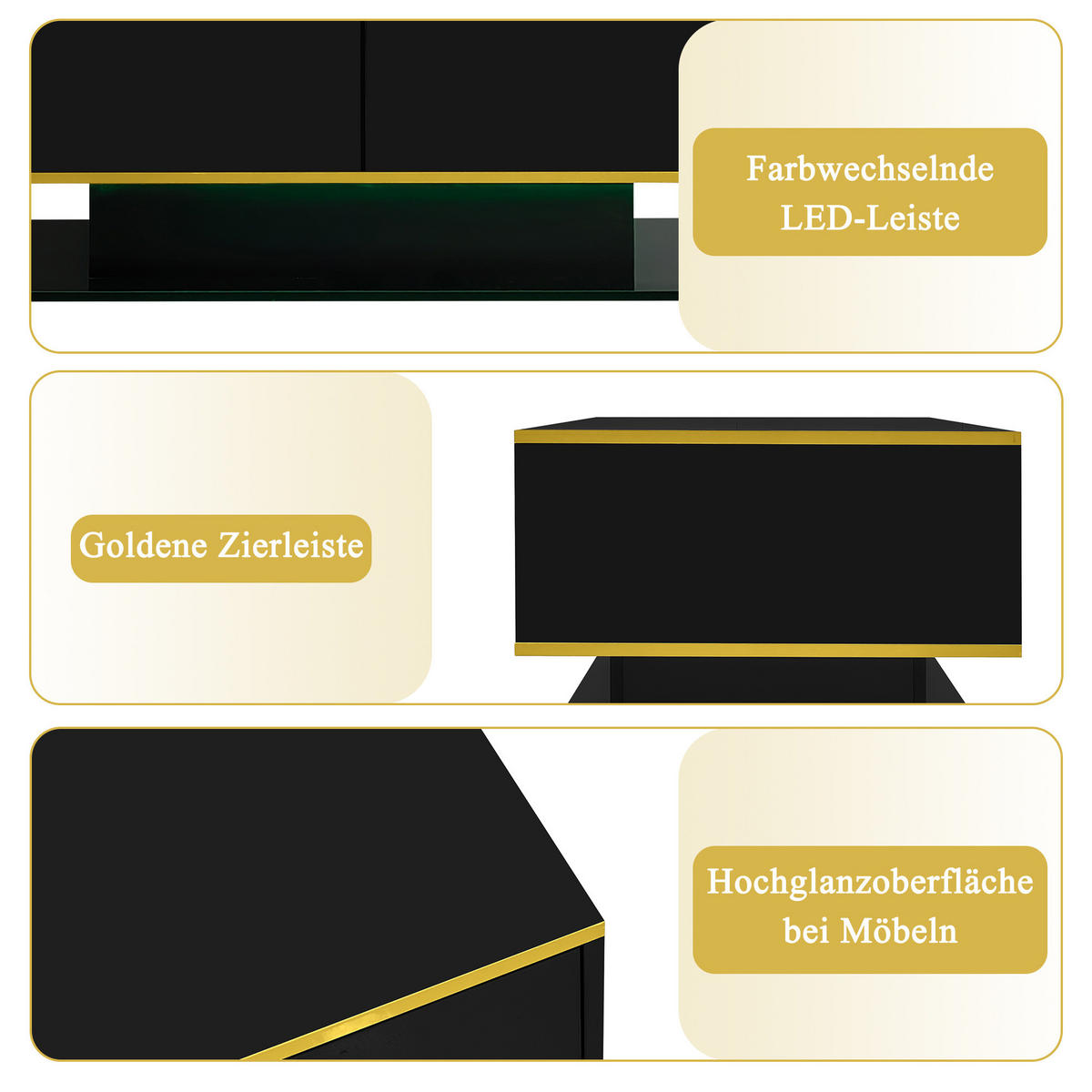 COUCHTISCH aus Spanplatte 100x50x40 cm Schwarz-Gold mit LED-Beleuchtung und 3 Schubladen - Schwarz, Holzwerkstoff (100/50/40cm) - IVMEU