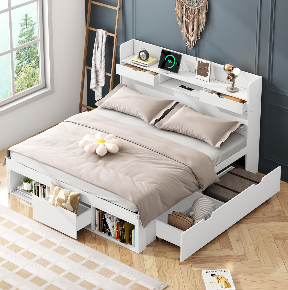 KINDERBETT aus Kiefer 140x190 cm in Weiß mit USB-Anschluss & Stauraum - Weiß, Holz (140/190cm) - Modfu