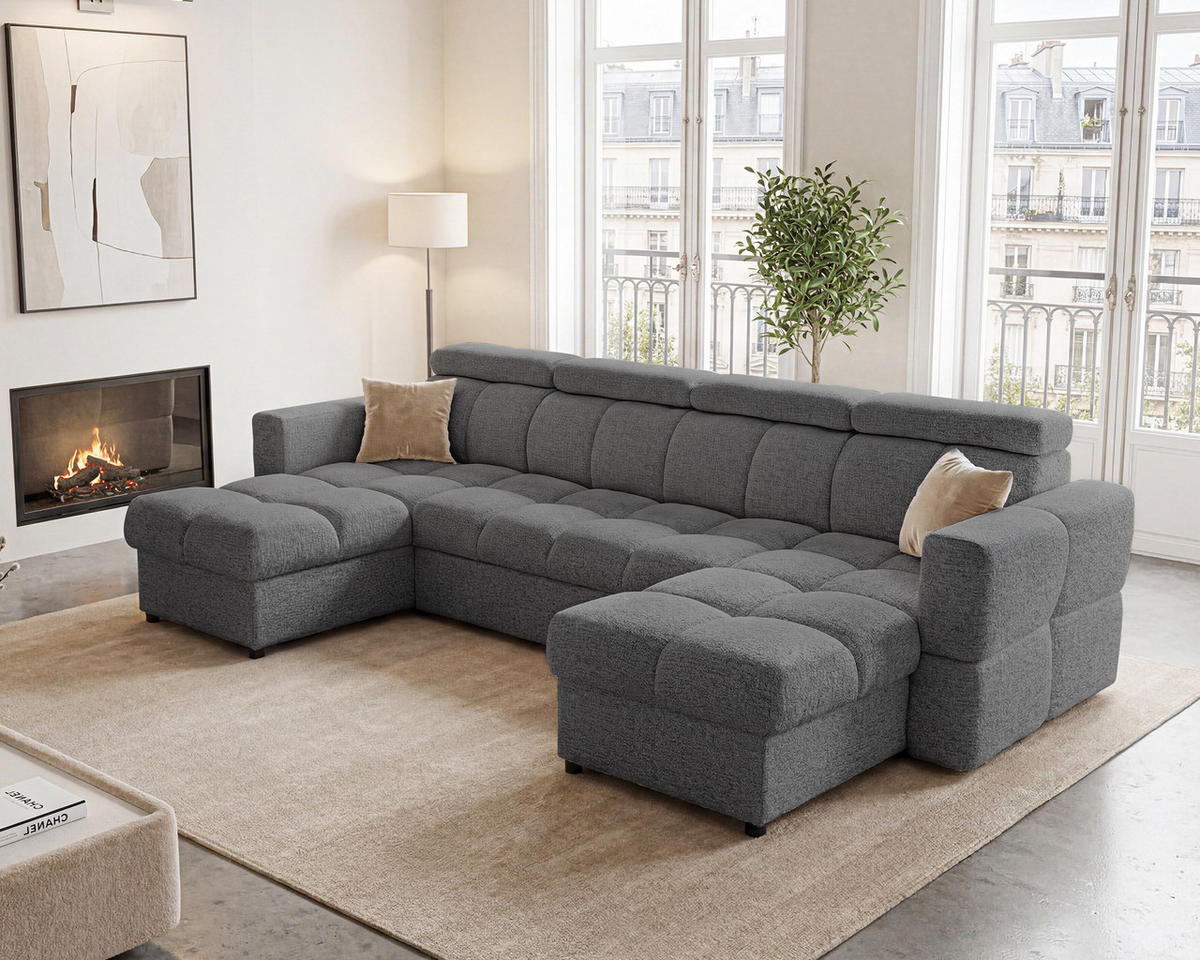 WOHNLANDSCHAFT BELUNO mit Schlaffunktion und Bettkasten Grau - Schwarz/Grau, Kunststoff/Textil (302/84/160cm) - Idohome