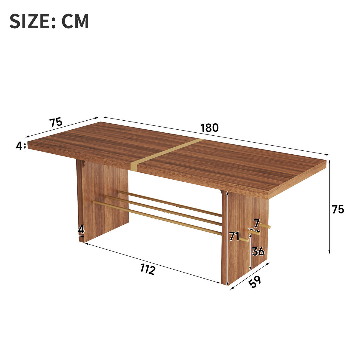 ESSTISCH 180cm Walnuss Gold Modern Design 4cm Tischplatte - Walnussfarben, Holzwerkstoff (75/180/75cm) - FLIEKS