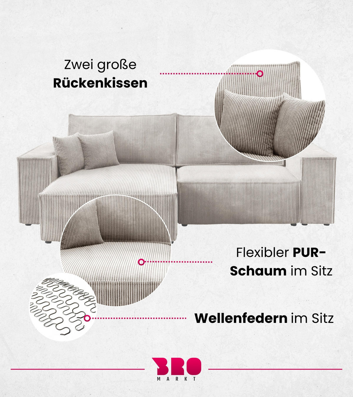 ECKSOFA Pedro mit Schlaffunktion Weiß Cord - Weiß, Textil (255/153cm) - Bromarkt