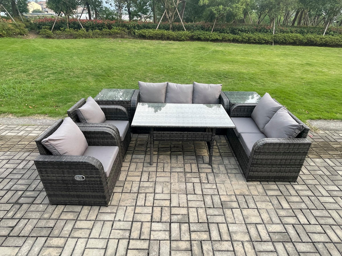 Gartenmöbelset mit Esstisch,3-Sitzer Sofa,Beistelltischen Polyrattan Dunkelgrau 7-Sitzer - Dunkelgrau/Grau, Glas/Kunststoff - Fimous