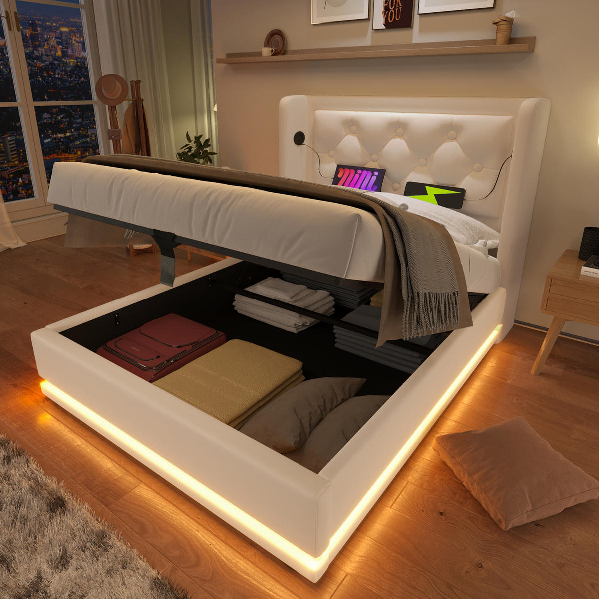 POLSTERBETT 90/200 cm Weiß PU mit hydraulischem Stauraum und USB-Anschlüssen - Weiß, Kunststoff (90/200cm) - OKWISH