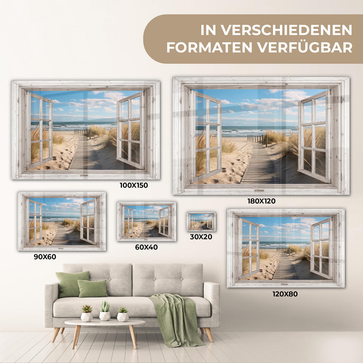 ACRYLGLASBILD Fenster - Meer - Küste - Natur - Ausblick - Strand - Wattenmeer 120x80 cm - Beige, Glas (120/80cm) - MuchoWow