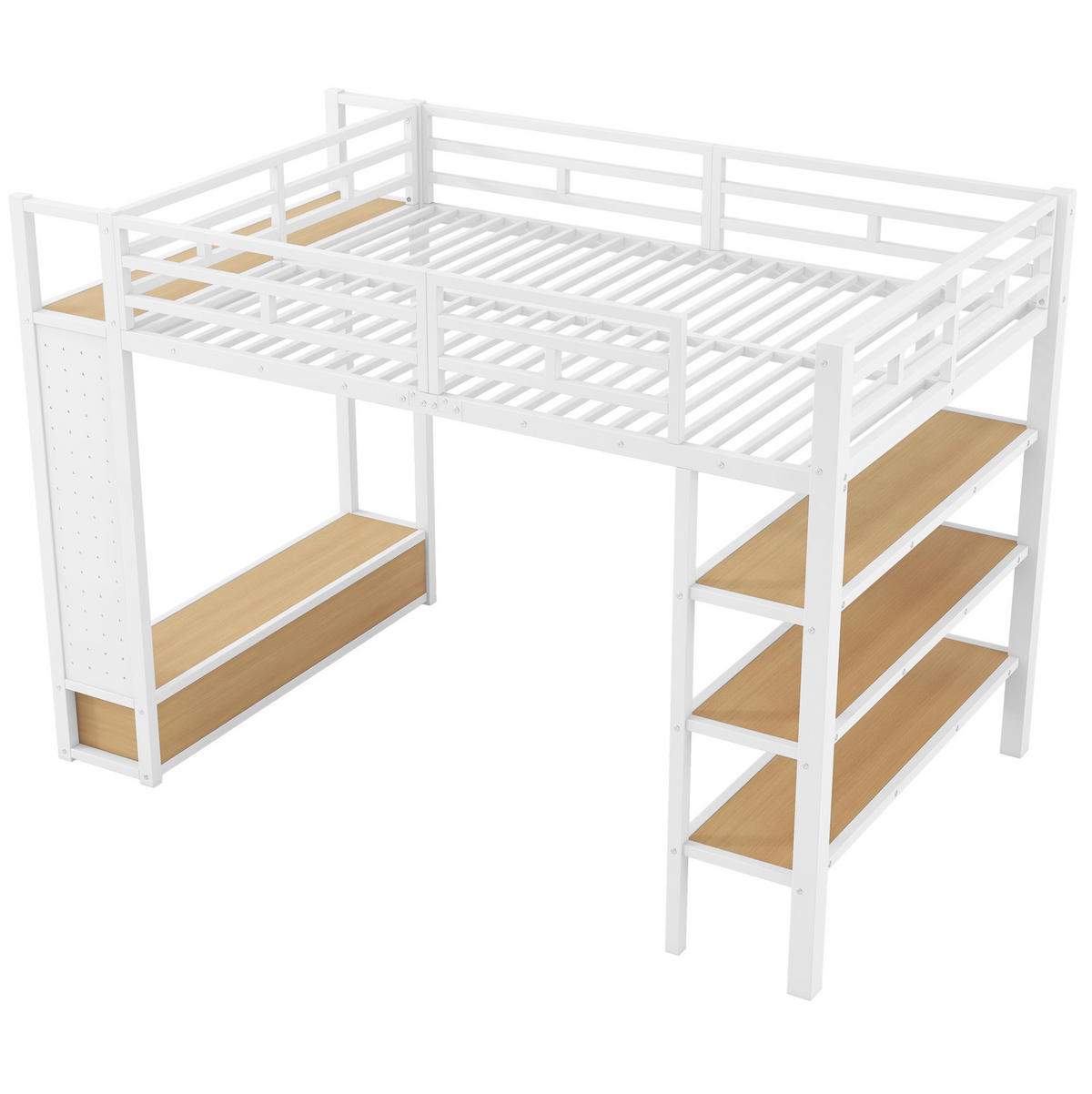 HOCHBETT aus MDF und Metall 140x200 cm Weiß mit Kleiderschrank, Lochwand, LED-Beleuchtung und Stauraum - Weiß, Holzwerkstoff (140/200cm) - Modfu