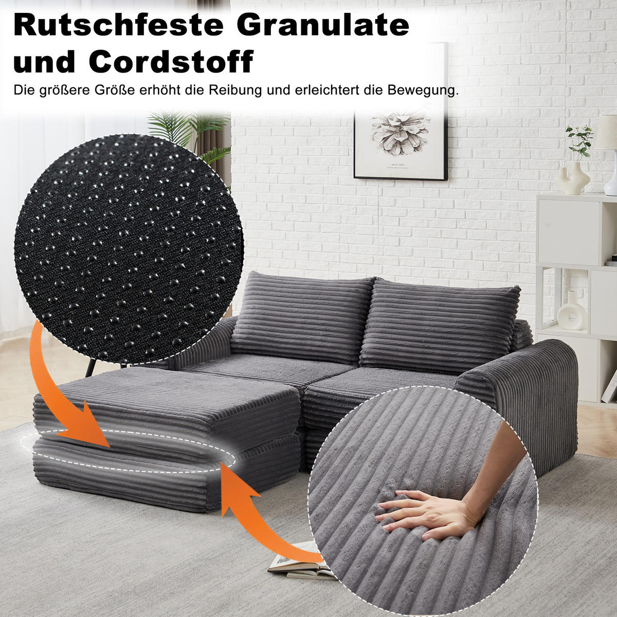 ROZKLÁDACÍ pohovka z manšestru šedá, rozkládací s volně kombinovatelnými moduly - šedá, textil (243/53/194cm) - BEAOK