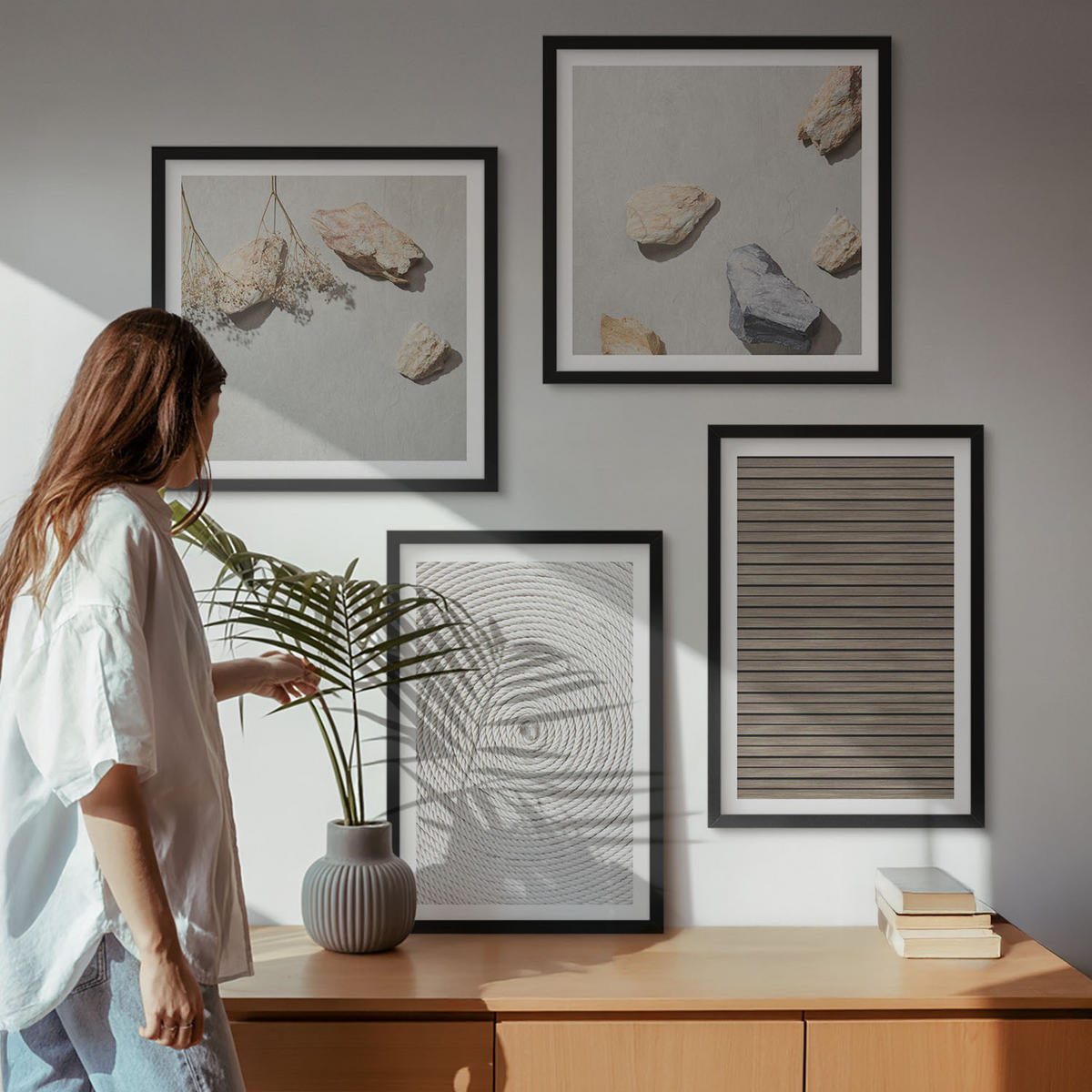 WANDBILDER 4er-Set - 50x50 cm & 40x60 cm Schwarzer Rahmen - Natürliche Texturen Holz Steine - Schwarz, Kunststoff (50/50cm) - ArtPrintCave