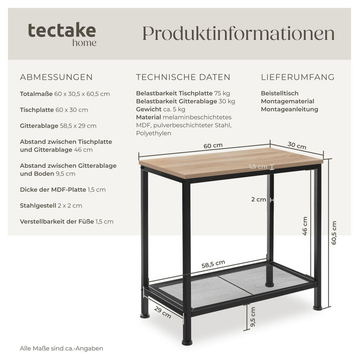 BEISTELLTISCH Filton,60 x 30,5 x 60,5 cm,Industrial Holz hell, Eiche Sonoma - Naturfarben, Holz (60/30.5/60.5cm) - tectake