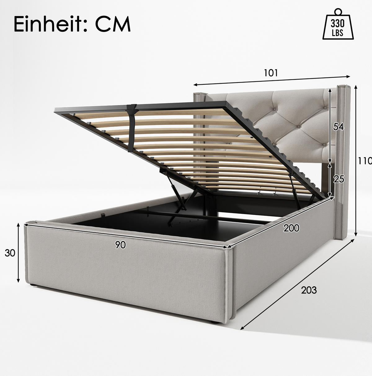 POLSTERBETT 90/200 cm Hellgrau aus Baumwolle mit Bettkasten - Hellgrau, Textil (90/200cm) - OKMYHOME
